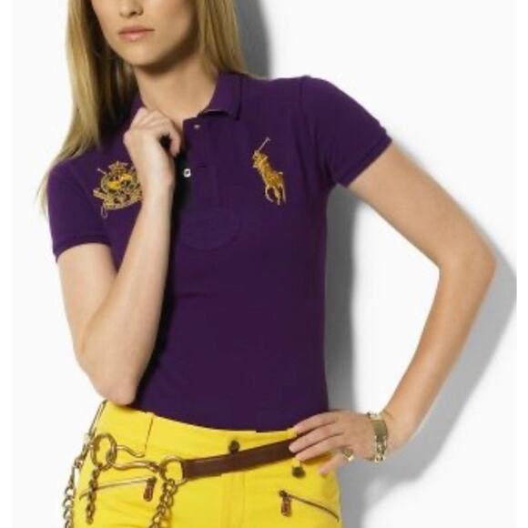 RALPH LAUREN Polo Shirt M Purple Yellow Crest&Big-Pony #2 Short-Sleev Skinny-Fit - Picture 1 of 16